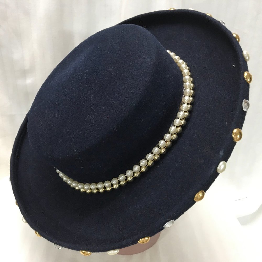 Blue Bollman Wool Felt Hat with Fake Pearls